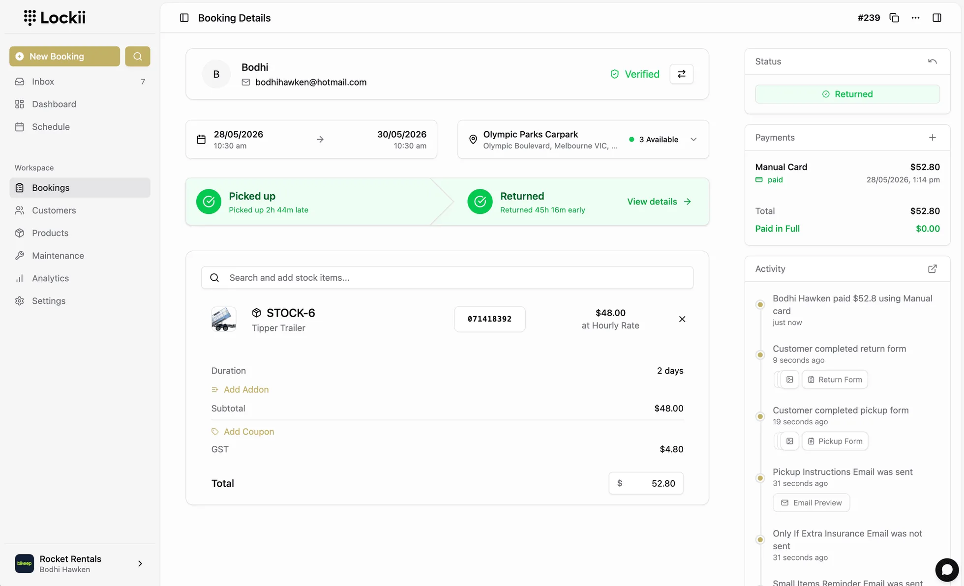 Lockii booking details dashboard showing returned booking status, payments, and activity